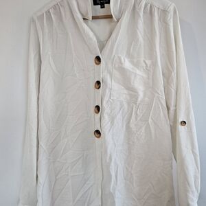 White Button-Up Shirt with Wooden Buttons
